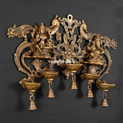 Brass Lakshmi Ganesha Wall Hanging With 5 Diya And Bells (18.5 Inch)