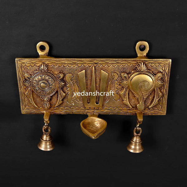Brass Shankh, Chakra, Namah Hanging With Diya And Bell (7.8 Inch)