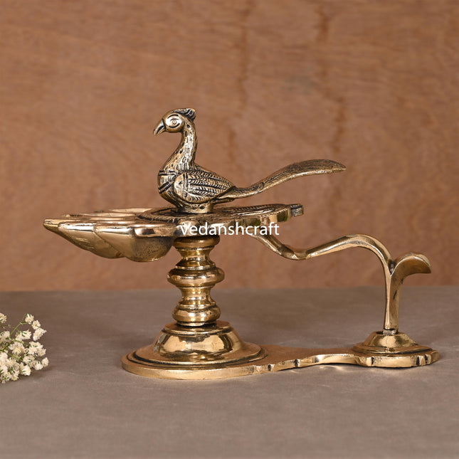Brass Peacock Panch Aarti With Handle (7.5 Inch)