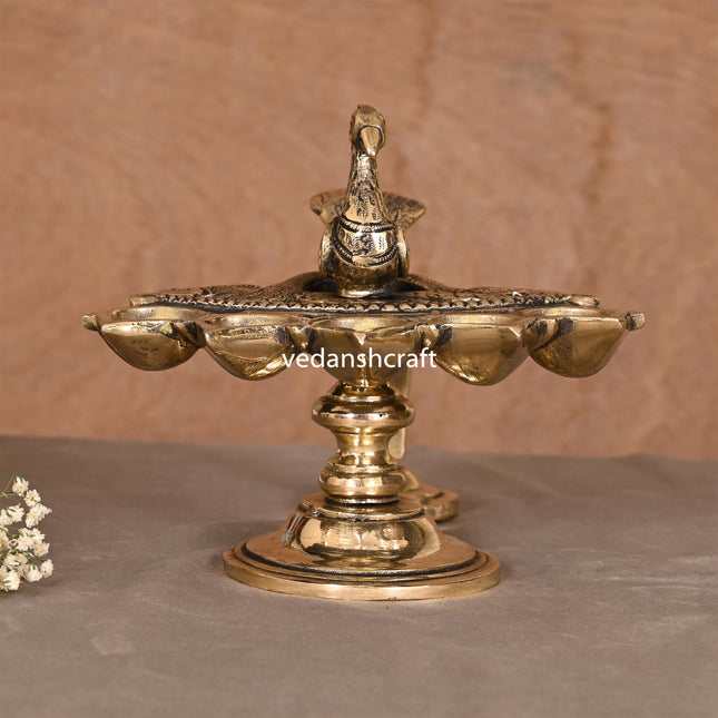 Brass Peacock Panch Aarti With Handle (7.5 Inch)