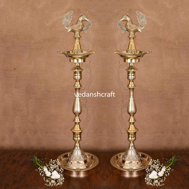Brass Peacock Mahabharat Lamp (29 Inch)