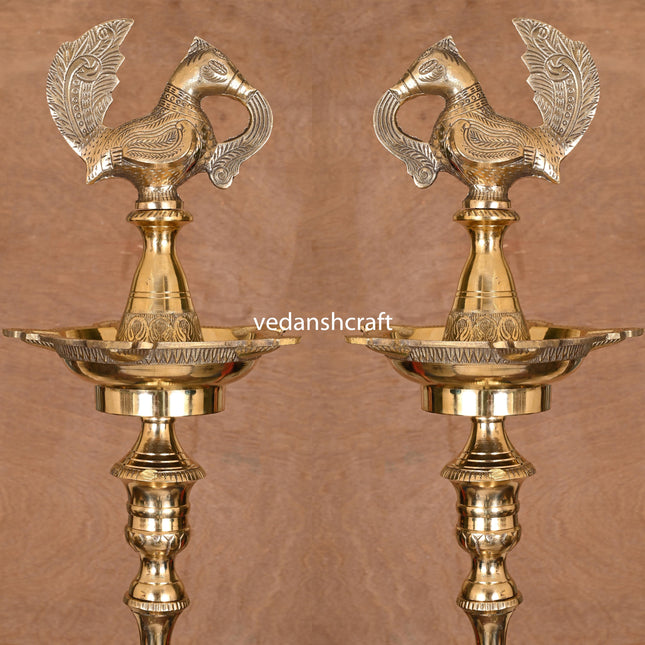 Brass Peacock Mahabharat Lamp (29 Inch)