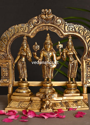 Brass Lord Balaji, Sri Devi And Bhudevi With Prabhavali Frame (8.8 Inch)