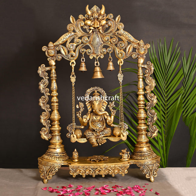 Brass Superfine Ganesha On Swing With Hanging Bells (25.5")