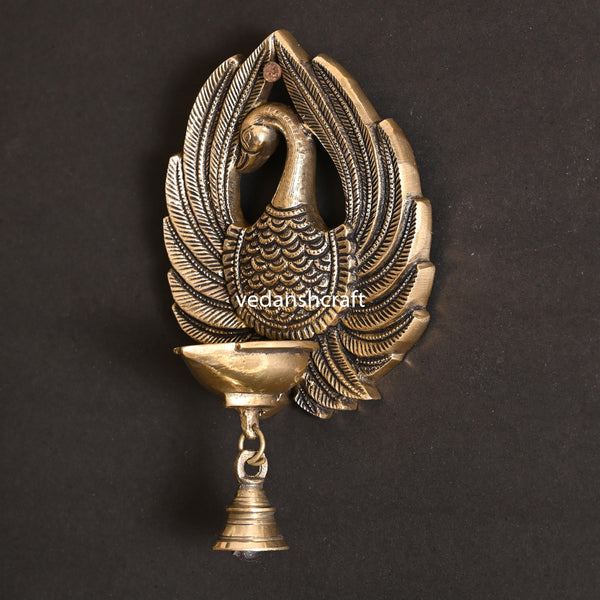 Brass Peacock Wall Hanging Diya With Bell (8 Inch)