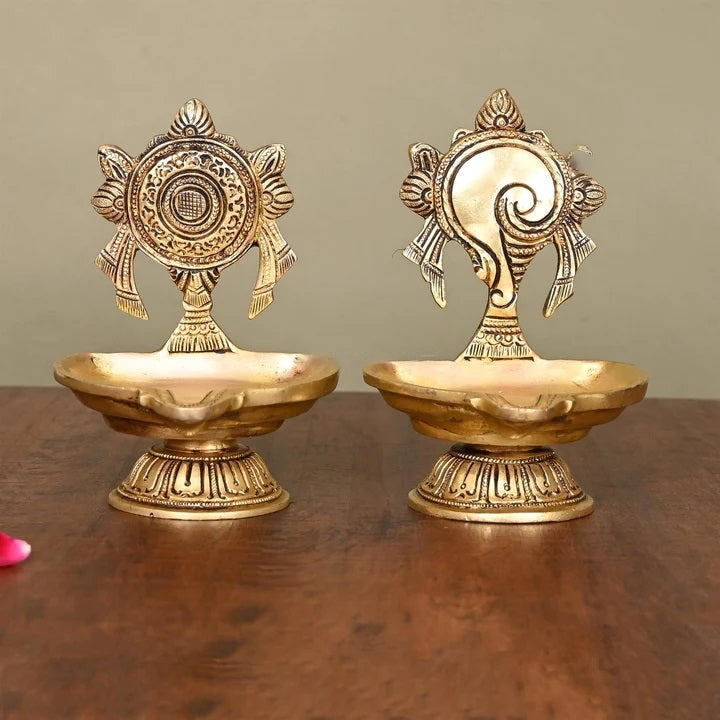 Brass Shankh And Chakra Diya Set (5.5 Inch)