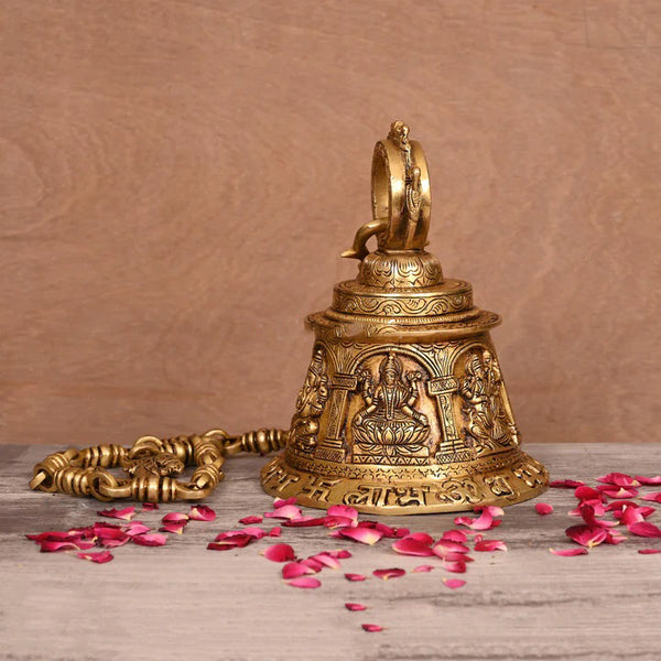Brass Superfine Ganesha, Lakshmi And Saraswati Hanging Temple Bell (32.5 Inch)