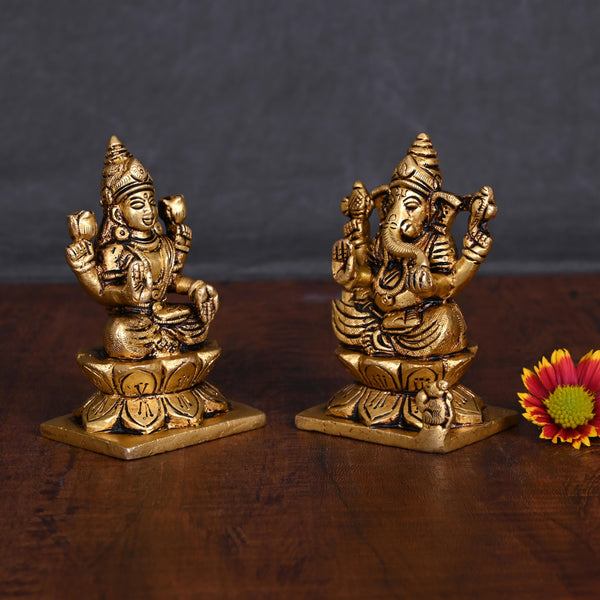 Brass Ganesha And Lakshmi Idols Set (3.5 Inch)