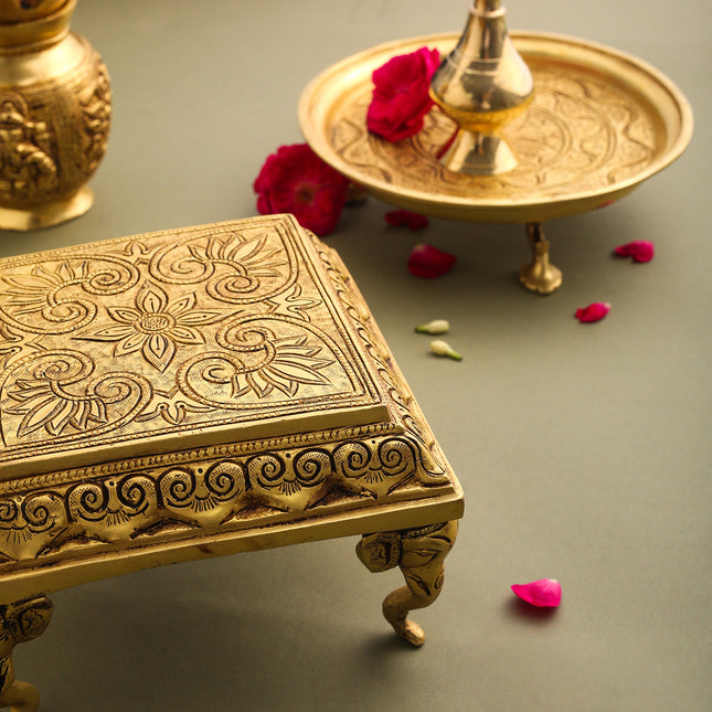 Brass Chowki With Elephant Pillars (4.2 Inch)