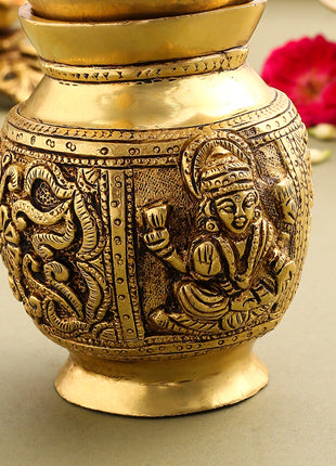 Brass Kalash With Ganesh And Lakshmi Carving (7 Inch)