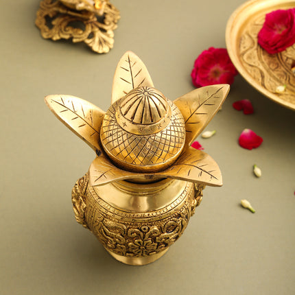 Brass Kalash With Ganesh And Lakshmi Carving (7 Inch)