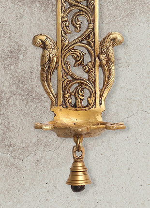 Brass Peacock Hanging Diya With Bell (13 Inch)