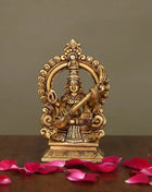 Brass Superfine Saraswati On Throne Idol (5.8 Inch)