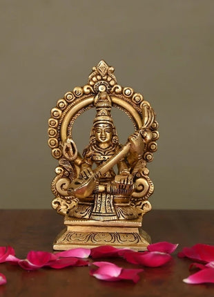 Brass Superfine Saraswati On Throne Idol (5.8 Inch)