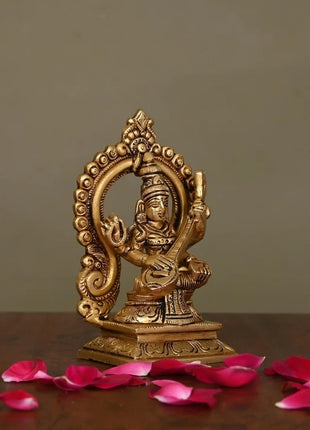 Brass Superfine Saraswati On Throne Idol (5.8 Inch)