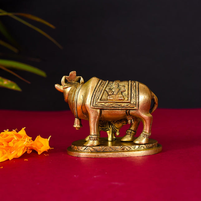 Brass Kamdhenu Cow With Calf Idol (2.5 Inch)
