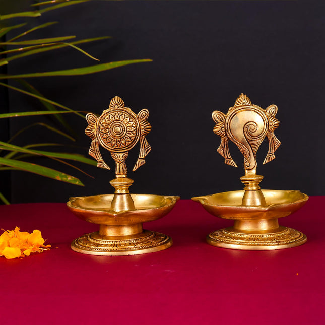 Brass Shankh Chakra Diya/Lamp Set (6 Inch)