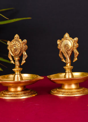 Brass Shankh Chakra Diya/Lamp Set (6 Inch)