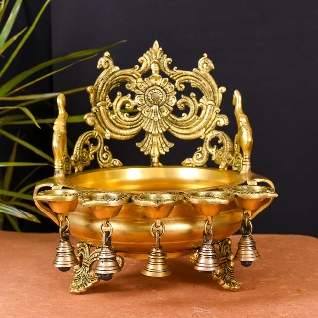 Brass Elephant Carving Urli With 5 Diyas And Bells  (12 Inch)