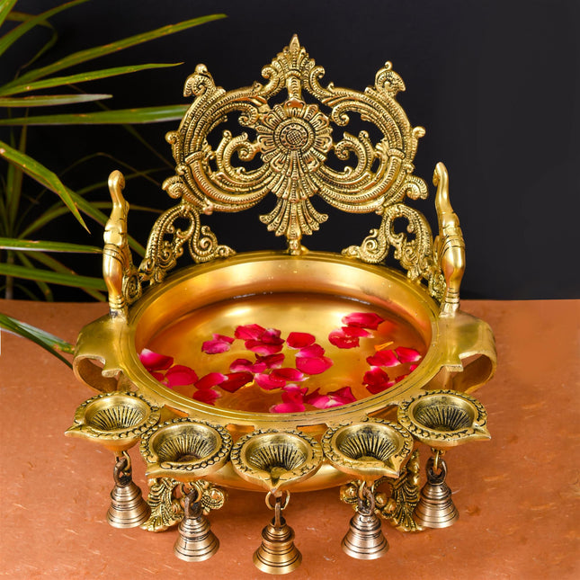 Brass Elephant Carving Urli With 5 Diyas And Bells  (12 Inch)