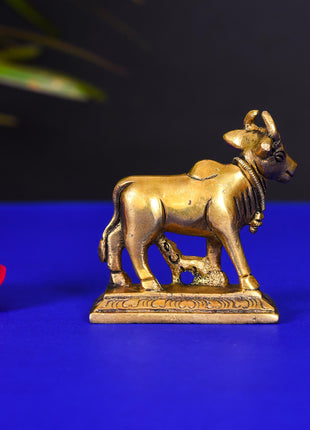 Brass Kamdhenu Cow With Calf Idol (2.3 Inch)