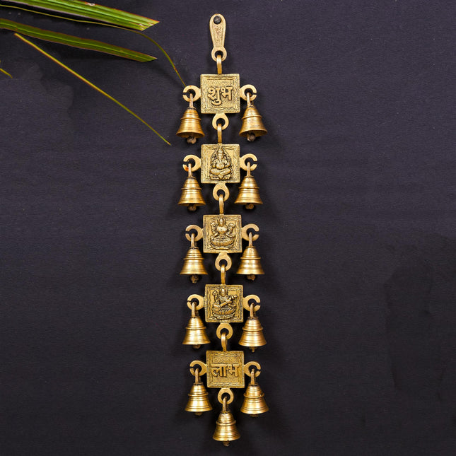 Brass Ganesha Lakshmi Saraswati Shubh And Labh Hanging Bell (19 Inch)