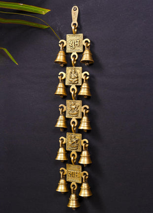 Brass Ganesha Lakshmi Saraswati Shubh And Labh Hanging Bell (19 Inch)