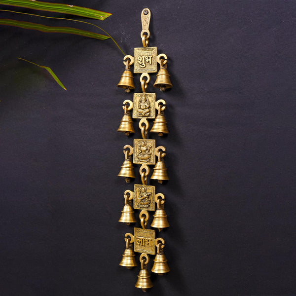 Brass Ganesha Lakshmi Saraswati Shubh And Labh Hanging Bell (19 Inch)