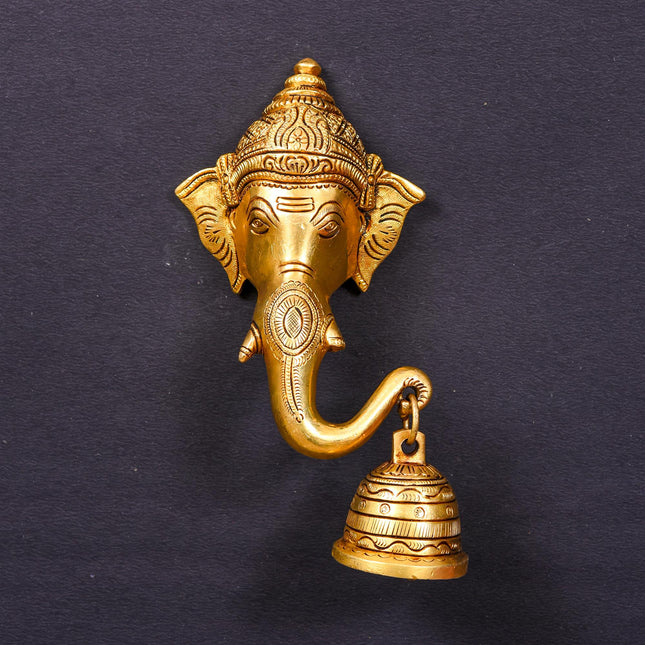 Brass Ethnic Wall Hanging Ganesha Face With Bell (7.5 Inch)