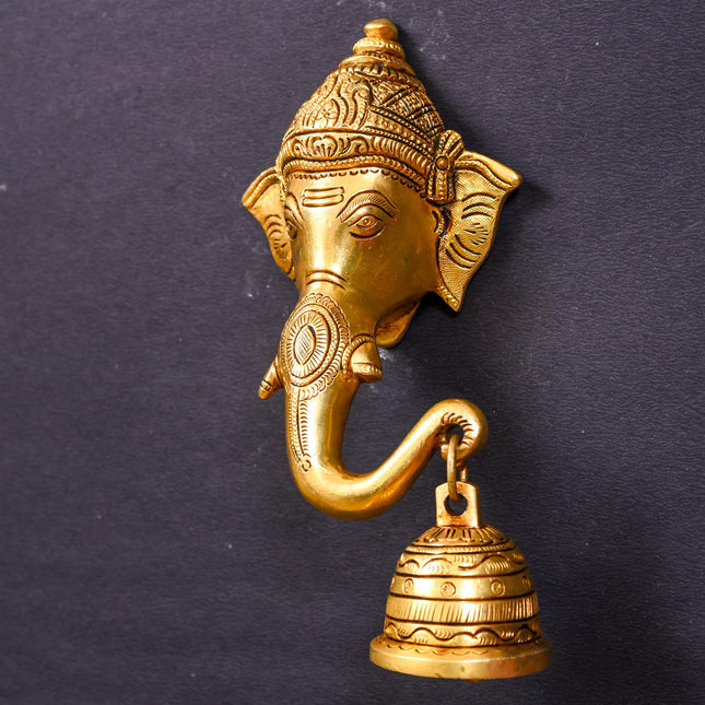 Brass Ethnic Wall Hanging Ganesha Face With Bell (7.5 Inch)