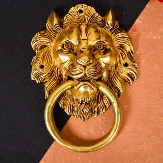 Brass Roaring Lion Face Door Knocker (8 Inch)