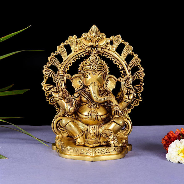 Brass Ganesha On Prabhavali Singhasan Statue (9 Inch)