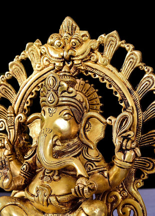 Brass Ganesha On Prabhavali Singhasan Statue (9 Inch)