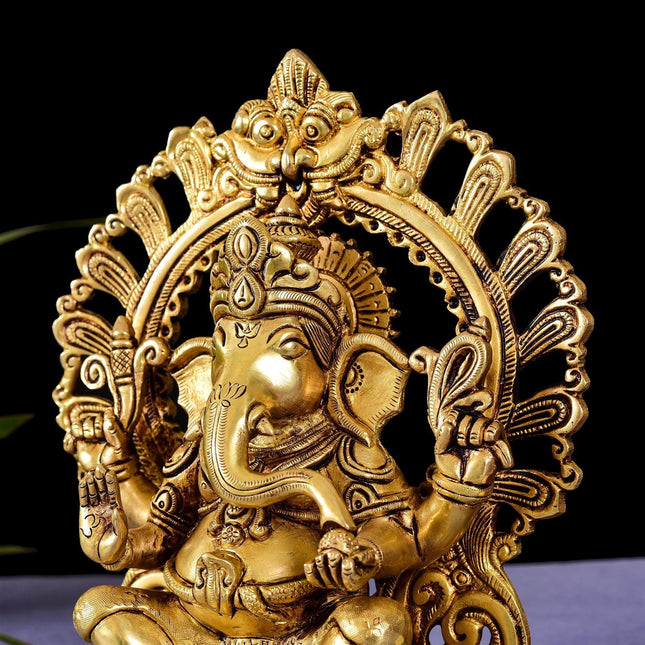 Brass Ganesha On Prabhavali Singhasan Statue (9 Inch)