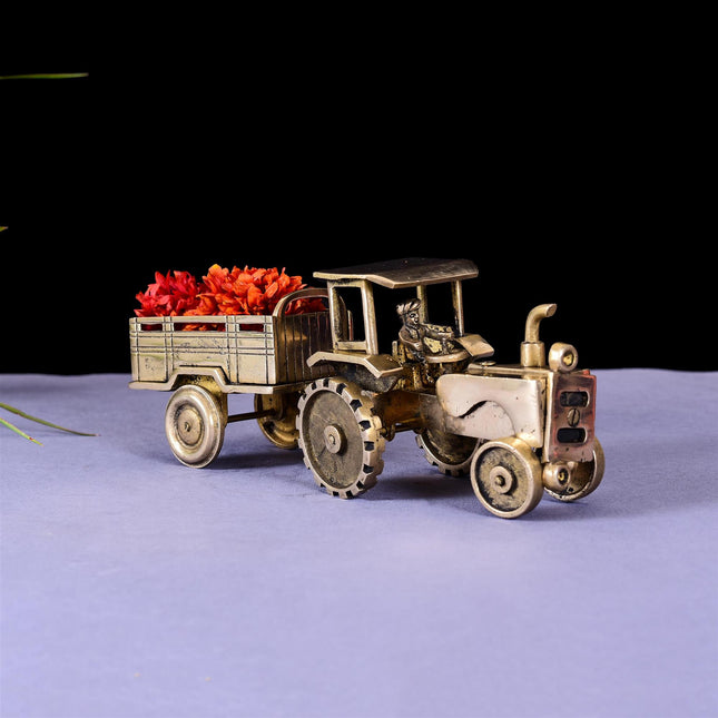 Brass Tractor With Trailer (4 Inch)