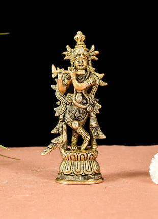 Brass Lord Krishna With Base Idol (6.7 Inch)