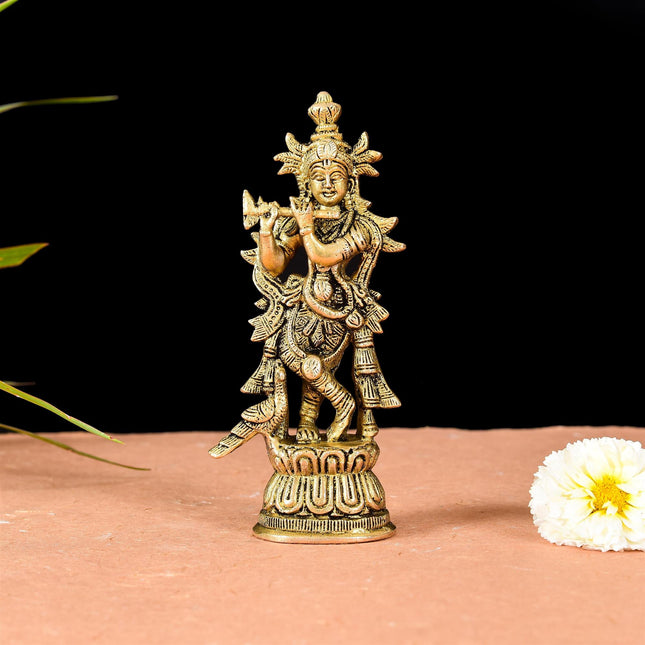 Brass Lord Krishna With Base Idol (6.7 Inch)