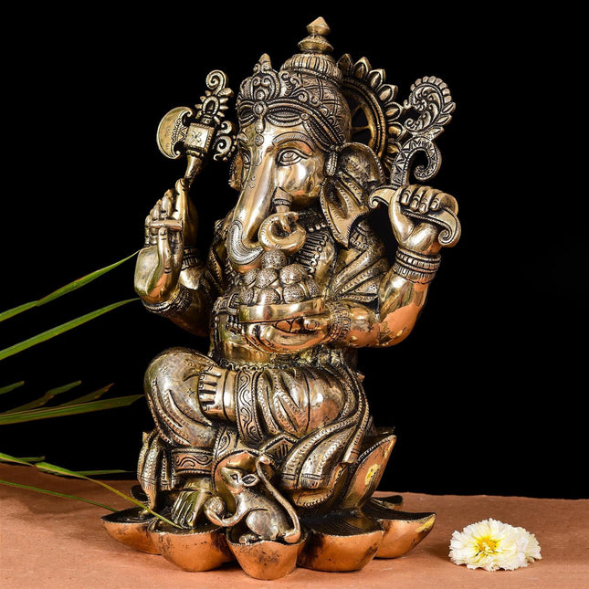Brass Lotus Ganesha Idol (17 Inch)