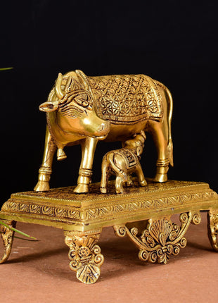 Brass Superfine Kamdhenu Cow With Calf Idol (7.5 Inch)