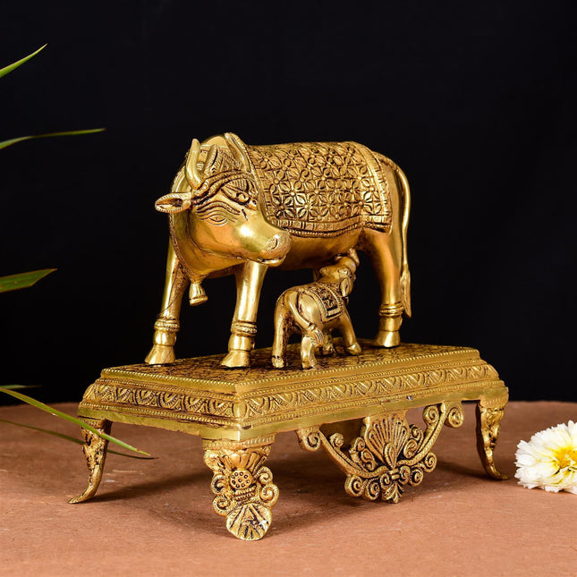 Brass Superfine Kamdhenu Cow With Calf Idol (7.5 Inch)