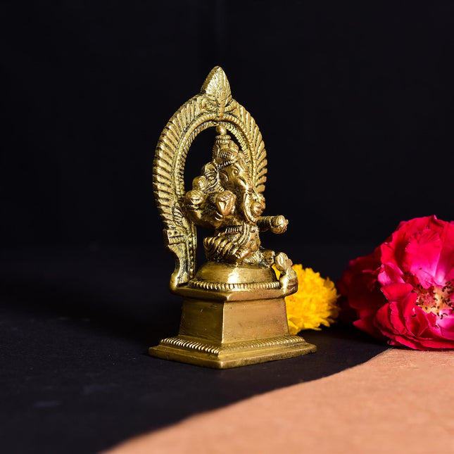 Brass Ganesha On Throne (Singhasan) Idol (4 Inch)