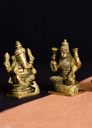 Brass Ganesha And Lakshmi Set Idol (3 Inch)