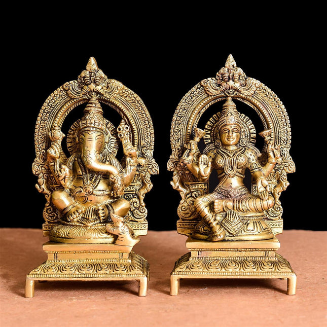 Brass Ganesh And Lakshmi On Throne Idol (7.5 Inch)