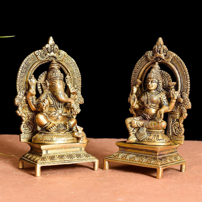 Brass Ganesh And Lakshmi On Throne Idol (7.5 Inch)