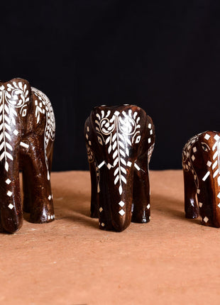 Wooden Inlay Elephant Family Set