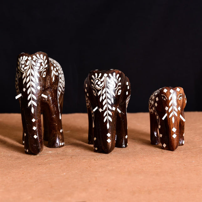 Wooden Inlay Elephant Family Set
