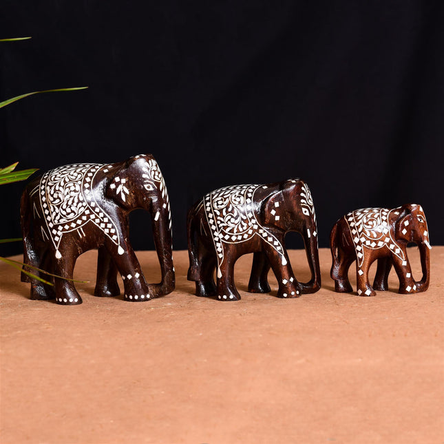 Wooden Inlay Elephant Family Set