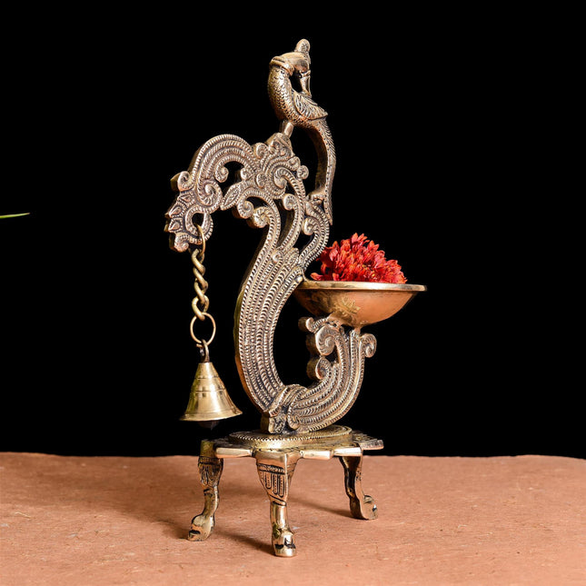 Brass Ethnic Peacock Diya Lamp With Hanging bell