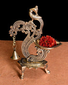 Brass Ethnic Peacock Diya Lamp With Hanging bell