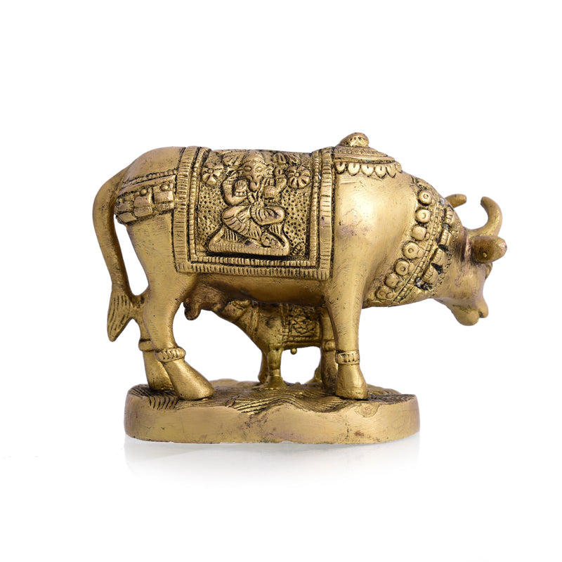 Brass Kamdhenu Cow With Calf Idol (4 Inch)